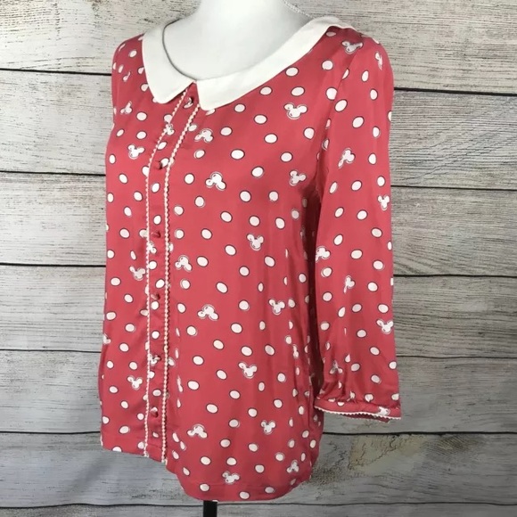 Mickey Mouse print pink collared rayon 3/4 sleeve top - Picture 1 of 7
